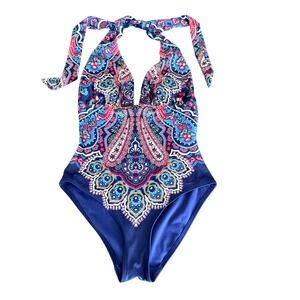 Boden Blue Paisley Medallion Halter One Piece Swimsuit S0185 US 4 Paisley preppy